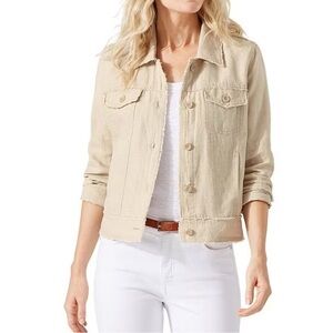 Tommy Bahama Women's Beige Linen Raw Hem Button Up Collared Tan Beige Jacket XS